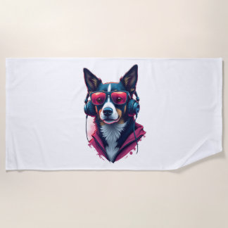A Habu dog wearing sunglasses and headphones  Beach Towel