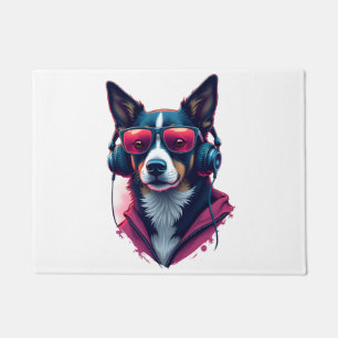A Habu dog wearing sunglasses and headphones Doormat