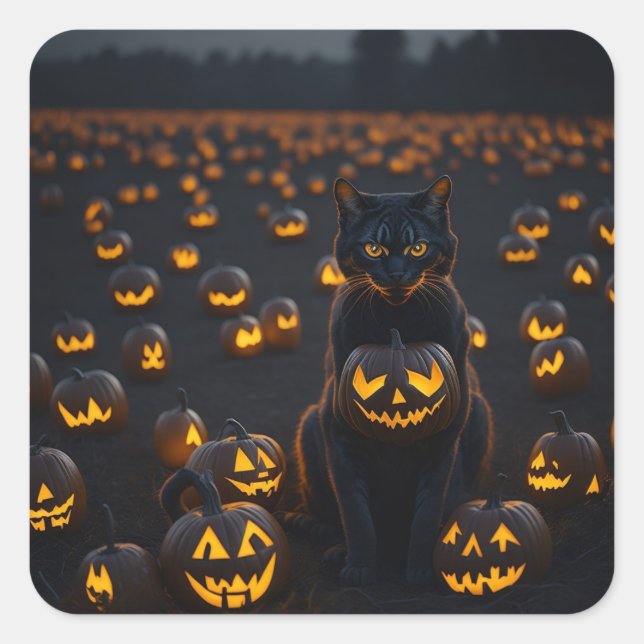 A Halloween cat with a glowing pumpkin Square Sticker (Front)
