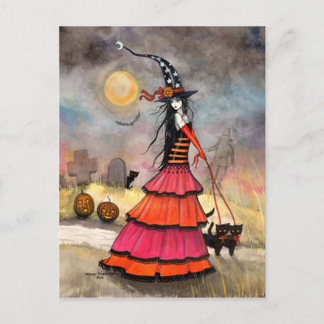 A Halloween Stroll Witch and Black Cats Art Postcard (Front)