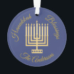 A Hanukkah Blessings Gold Menorah Personalised Ornament<br><div class="desc">Add your name to this midnight blue Hanukkah Blessings ornament with a modern style gold Menorah and elegant gold tone text for a one of a kind personalised keepsake. This simple Menorah graphic is my original design with a pattern of dots on the base barely lighter candles in gold tones....</div>