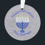 A Hanukkah Dark Blue Menorah Chrismukkah Bling Ornament<br><div class="desc">Perfect for remembering a special event this year, this custom blue, white and silver Happy Hanukkah ornament is ready to hang from a window, the stairs or on the Chanukkah tree. Your personalised blue text is on one side and a larger version of the dark blue Menorah with white candles...</div>