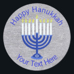 A Hanukkah Dark Blue Menorah On Faux Silver Cute Classic Round Sticker<br><div class="desc">Elegant round Hanukkah stickers are great for adding a finish touch to a gift wrap, decorating the envelopes for party invitations or using as Chanukkah party favours. Personalise them now! This original art is a traditional Hanukkah Menorah on a silver look background. Many more matching products from party supplies to...</div>