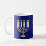 A Hanukkah Gold Menorah Gift Or Holiday Kitchen Coffee Mug<br><div class="desc">Choose this elegant gold and deep blue Hanukkah mug as a gift for someone special or build a set for your own holiday kitchen. This gold tone menorah design with nine white candles set on a background of faux sparkle navy blue is my original design and is offered exclusively in...</div>