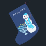 A Hanukkah Jewish Snowman Menorah SML Chrismukkah Small Christmas Stocking<br><div class="desc">Personalise this adorable snowman stocking for Chrismukkah or Hanukkah. This double sided Christmas or Chrismukkah stocking is easy to customise with a name in white text on the dark blue background using the easy text templates. In his bright blue Star Of David pattern scarf with his very own light blue...</div>