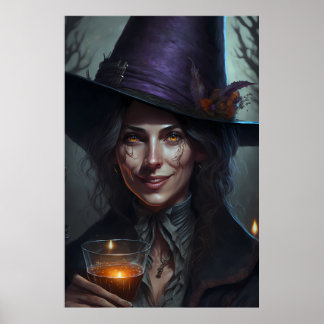 A happy beautiful witch drinking her potion poster