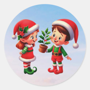 A happy boy and girl Christmas Elf Classic Round Sticker