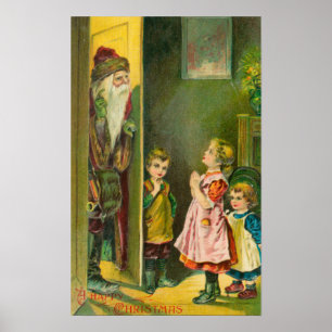 A Happy Christmas Kids Letting Santa In Poster