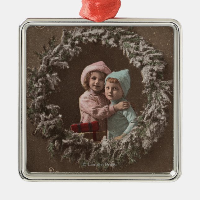 A Happy ChristmasLittle Kids Hugging Metal Tree Decoration (Front)