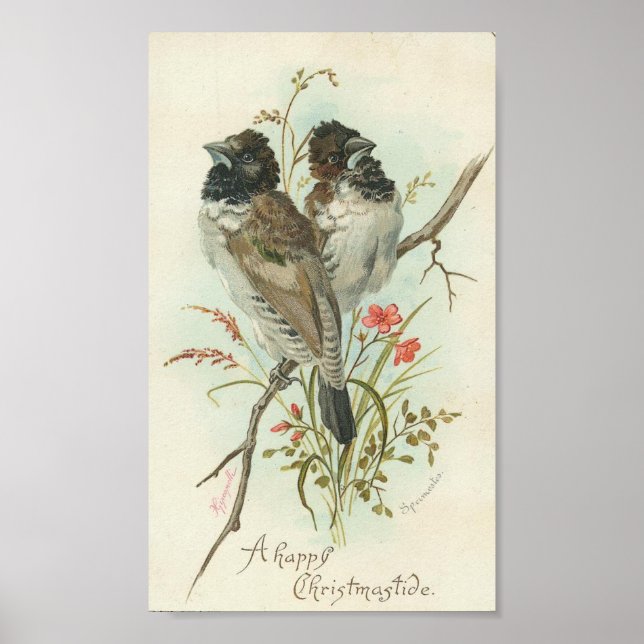 A Happy Christmastide Vintage Birds Poster (Front)