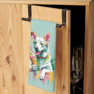 A Happy Dog eating an ice-cream Tea Towel