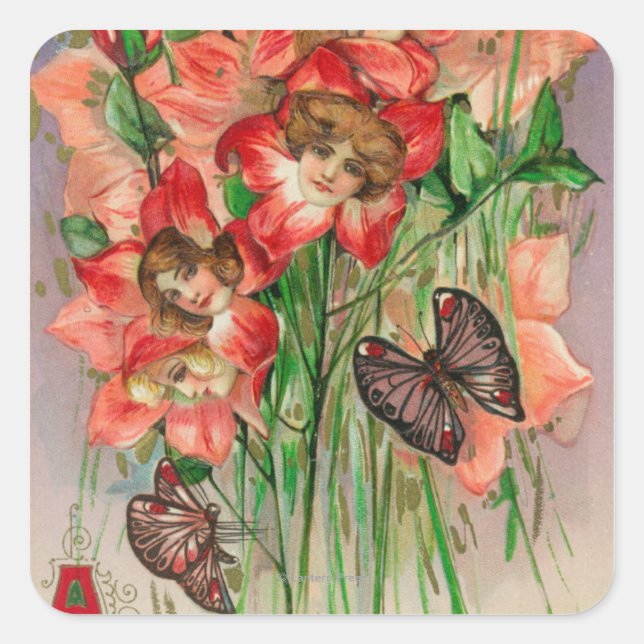 A Happy Easter with Women Head Flowers Square Sticker (Front)