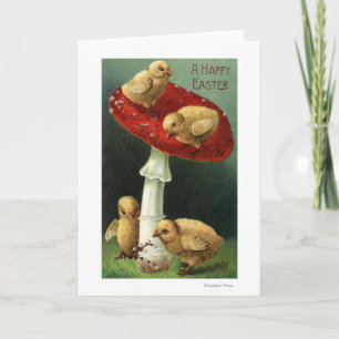 A Happy EasterChicks on Red Mushroom Holiday Card