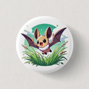 A happy, flying bat in a field of grass 3 cm round badge