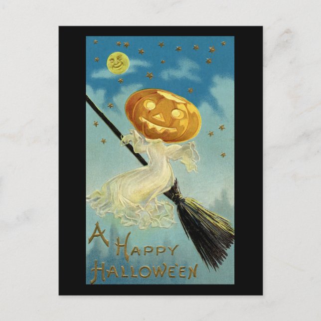 A Happy Halloween Pumpkin Head Witch Vintage Postcard (Front)