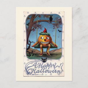 A Happy Halloween Pumpkin on Swing Vintage Postcard