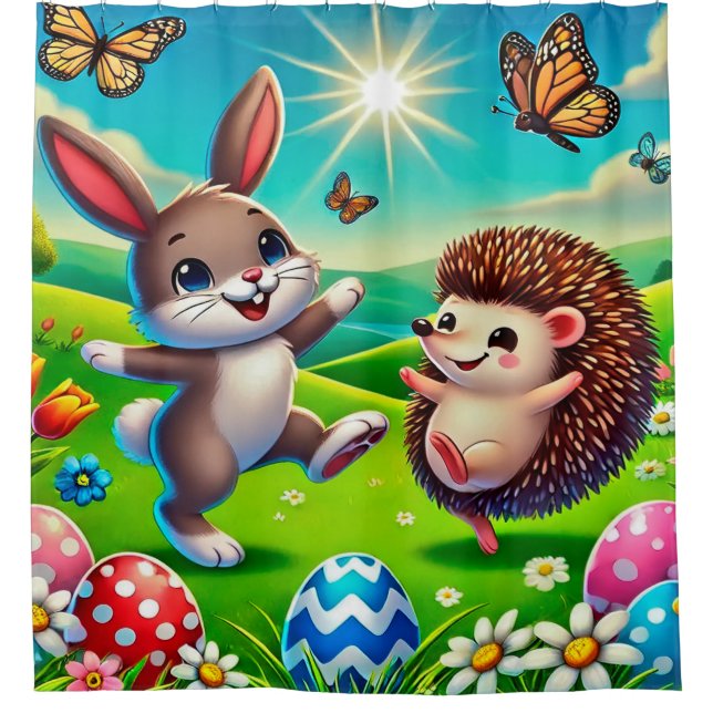 A happy hare and hedgehog shower curtain (Front)