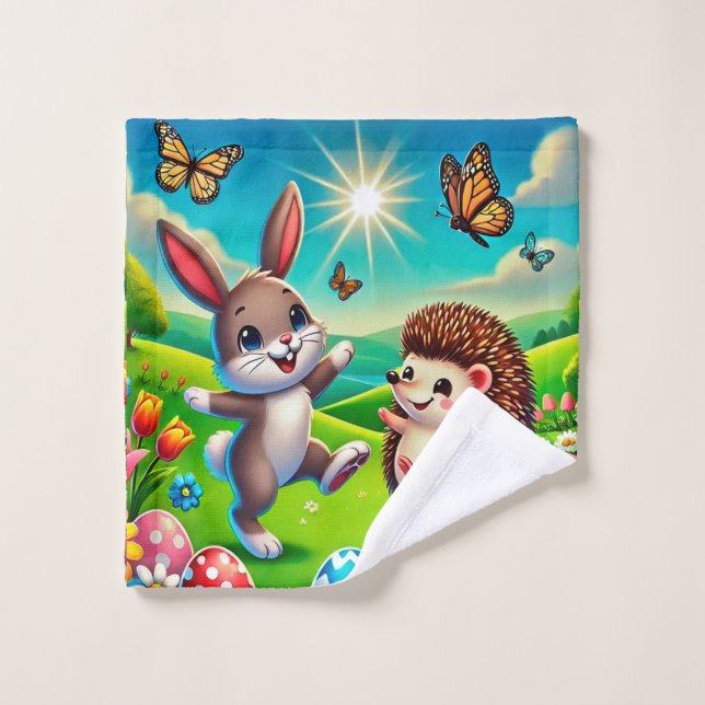 A happy hare and hedgehog wash cloth (Wash Cloth)