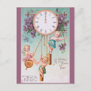 A HAPPY NEW YEAR  cherubs & clock Postcard