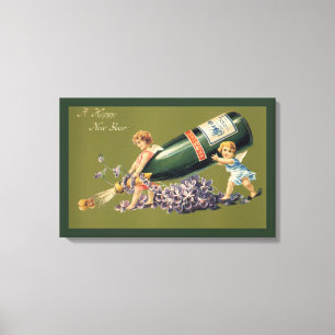A Happy New Year, Vintage Angels with Champagne Canvas Print