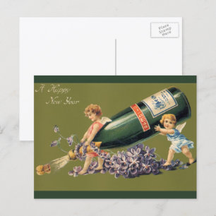 A Happy New Year, Vintage Angels with Champagne Holiday Postcard