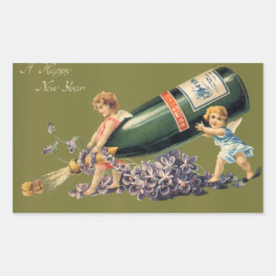 A Happy New Year, Vintage Angels with Champagne Rectangular Sticker