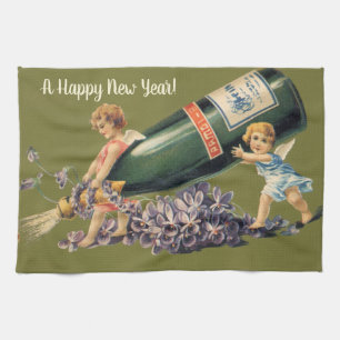 A Happy New Year, Vintage Angels with Champagne Tea Towel