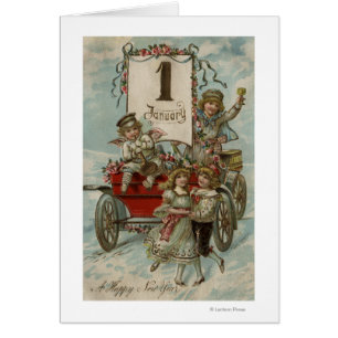 A Happy New YearKids Around a Red Wagon