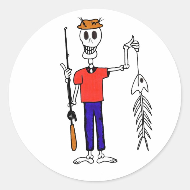 A Happy Skeleton Fisherman with a Skeleton Fish Classic Round Sticker (Front)