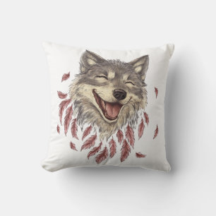 A happy smiling wolf in feathers cushion
