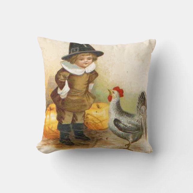 A Happy Thanksgiving Pilgrim and Plymouth Rock Cushion (Front)