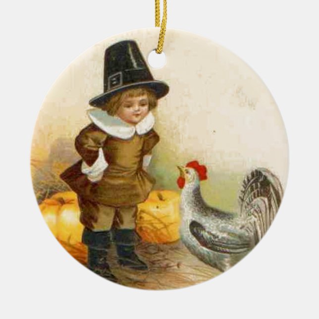 A Happy Thanksgiving Pilgrim and Vintage Ornament (Front)