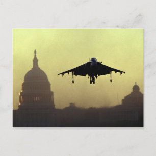 A Harrier jet landing on the Mall at dawn with Postcard