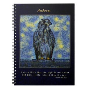A Hawk Bird on a Roof on a Starry Night Spiral Notebook