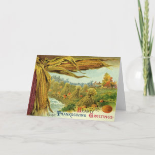 A Hearty Thanksgiving; Indian Corn and Haystacks Holiday Card