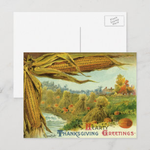 A Hearty Thanksgiving; Indian Corn and Haystacks Holiday Postcard
