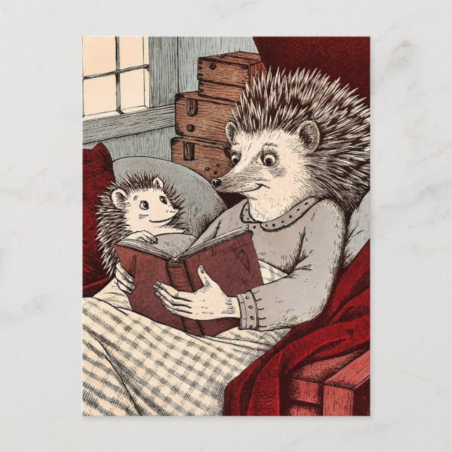 A Hedgehog in a cover reading a book at Postcard (Front)
