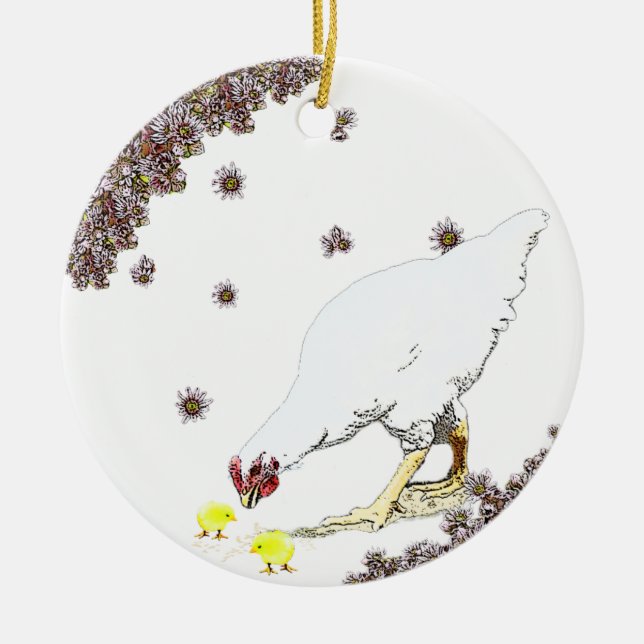 A hen and chicks ceramic tree decoration (Front)
