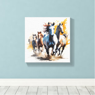 A herd Of Wild Horses Running Through A Meadow Canvas Print