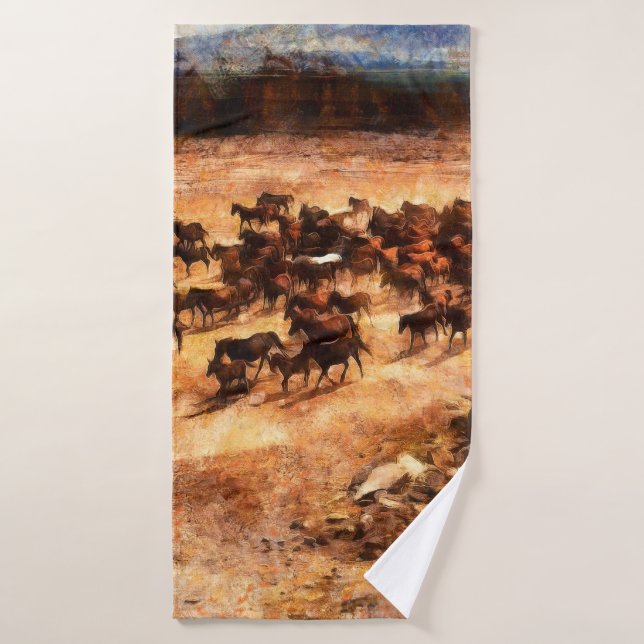 A herd of wild running horses. Artistic work on th Bath Towel (Bath Towel)