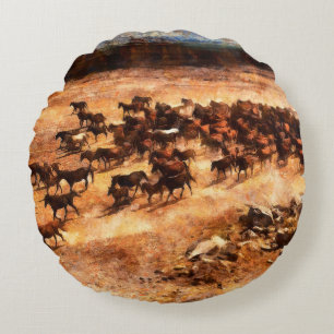 A herd of wild running horses. Artistic work on th Round Cushion