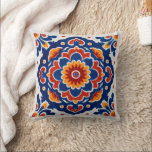 A high-quality, realistic photo of a sleek, moder Cushion<br><div class="desc">This decorative throw pillow features a vibrant, hand-painted style mandala inspired by traditional Mediterranean ceramic tiles. The design showcases an intricate symmetrical floral pattern in rich cobalt blue, burnt orange, and earthy terracotta tones. Perfect for adding a pop of cultural elegance to a living room sofa, entryway bench, or patio...</div>