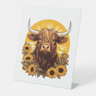 A Highland Cow Illustration with Sunflowers Classi Pedestal Sign