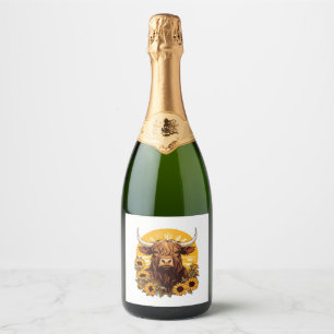 A Highland Cow Illustration with Sunflowers Classi Sparkling Wine Label