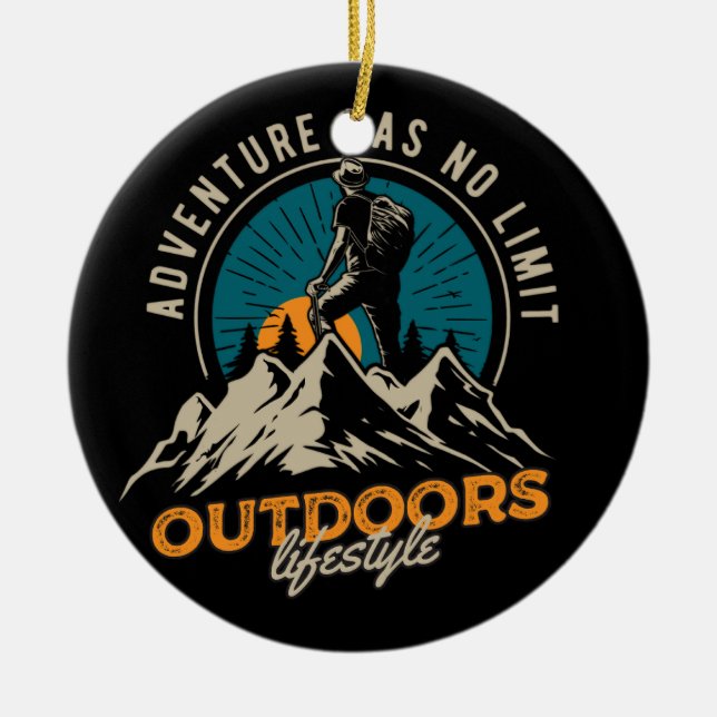 a hiker climbing to top of mountain ceramic tree decoration (Front)