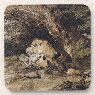 A Hilly Landscape with Figures Approaching a Bridg Coaster