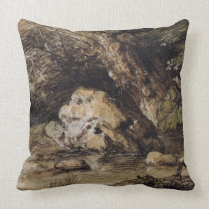 A Hilly Landscape with Figures Approaching a Bridg Cushion