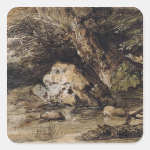 A Hilly Landscape with Figures Approaching a Bridg Square Sticker
