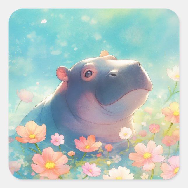 A Hippopotamus in Floral Bloom Square Sticker (Front)
