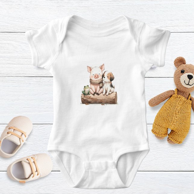 A Hog, Frog, & Dog on a Log! Cute Baby Animals  Bodysuit (Creator Uploaded)